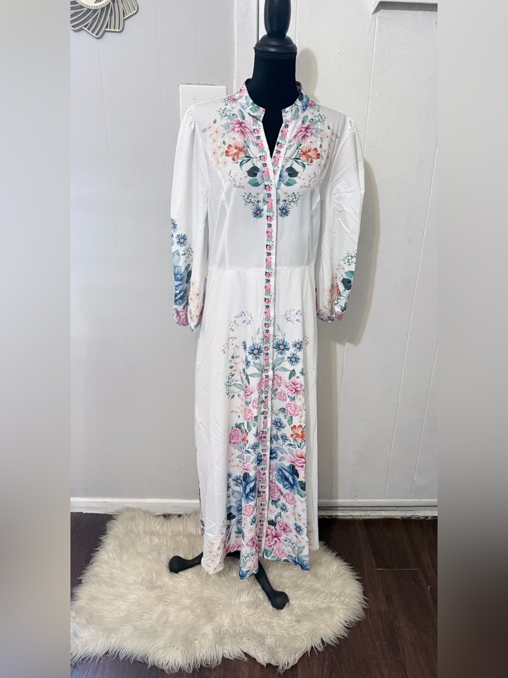 Floral-Embroidered White Maxi Dress with Pink & Blue Accents - Picture 8 of 14